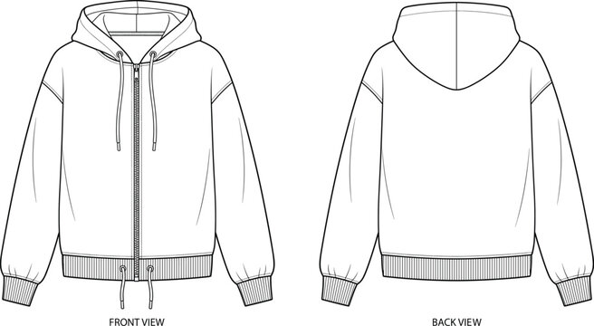 Oversized zip up hoodie technical sketch, front and back view, cad drawing flat vector illustration