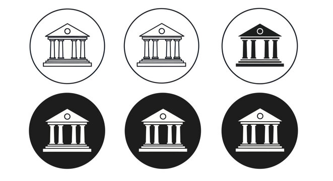 Illustrations of various bank building icons in different backgrounds