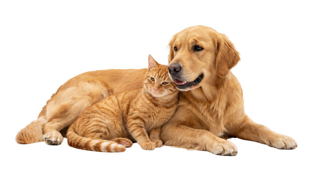 Golden Retriever dog and ginger tabby cat lying together, adorable domestic pets friendship, calm ginger cat and dog bonding, loyal animal companions isolated PNG with Transparent Background