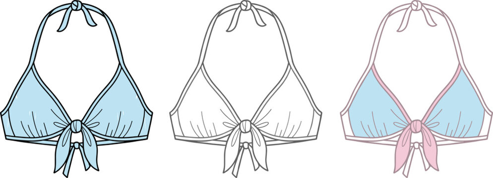 Women front tie bikini top mockup set, fashion technical vector flat sketch