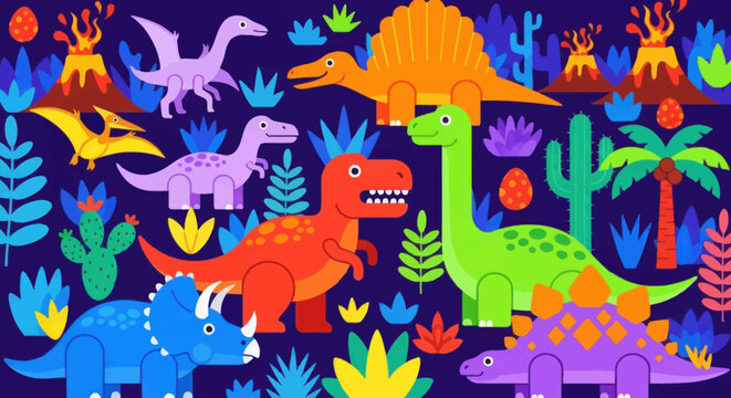 Vibrant dinosaurs roam freely in a prehistoric desert landscape with volcanoes.