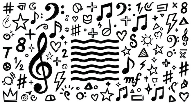 A vibrant and eclectic mix of various symbols, including music notes and geometric shapes, fills the entire frame.