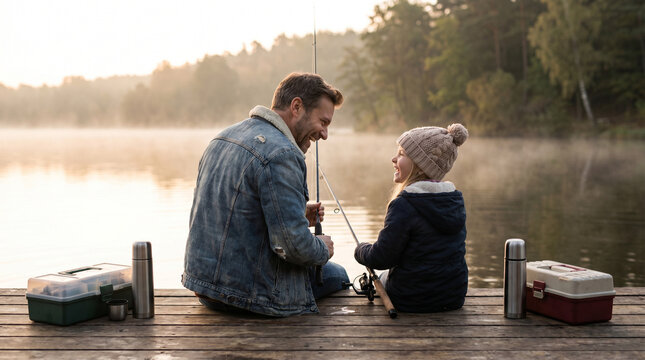 Happy loving father and young daughter fishing together on a wooden dock by a calm misty lake during a beautiful autumn morning sunrise
