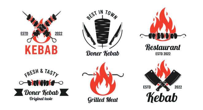 A collection of grilled meat restaurant logos with flame designs and skewers