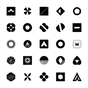 Abstract Iconography: A collection of 25 distinct black and white abstract icons arranged in a 5x5 grid, representing a diverse range of geometric shapes and symbolic forms.