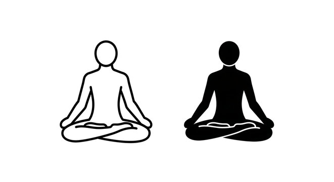 Person meditating in lotus pose dual style icon set with meditation mindfulness wellness spirituality relaxation pictogram lifestyle exercise