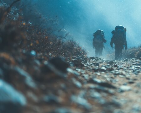 Journey Through the Mist: Two hikers with heavy backpacks navigate a rocky mountain trail, shrouded in an ethereal blue fog that evokes the challenge and solitude of a high-altitude expedition.