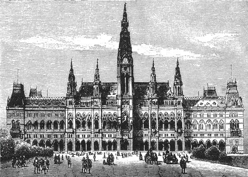 Vienna, Neues Rathaus (New Town Hall), Gothic spires and arched windows, bustling square, old vintage illustration, 1898.