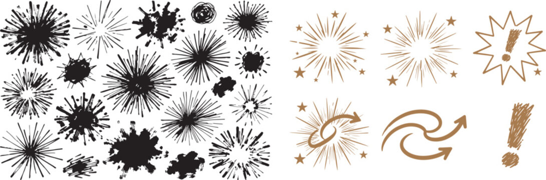 Hand drawn ink sunbursts starbursts and splats with arrows and exclamation marks for creative graphic design