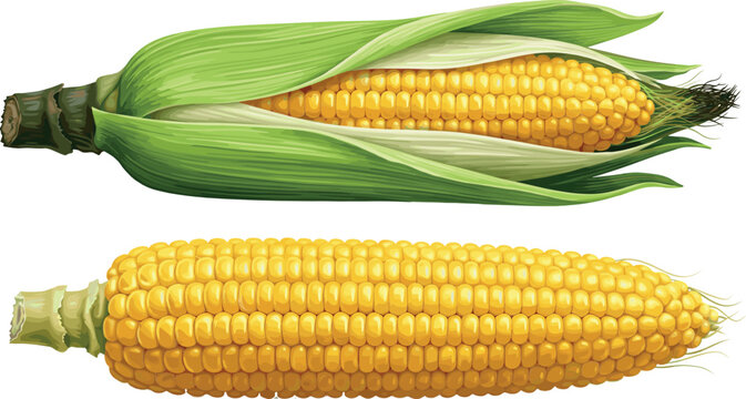 Fresh Sweet Corn on the Cob Vector Illustration with Green Husk and Shucked Yellow Ear of Corn Isolated on White Background