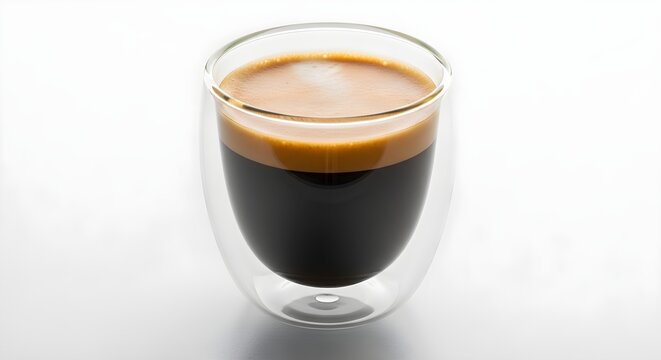 Close Up Shot of Hot Espresso Coffee with Creamy Foam in a Clear Double Walled Glass Cup