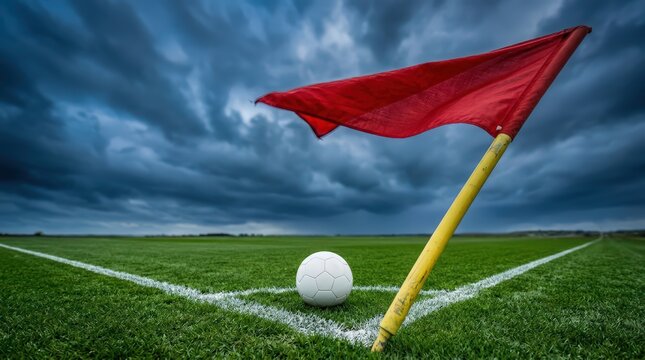 Football on green with red flag under stormy skies