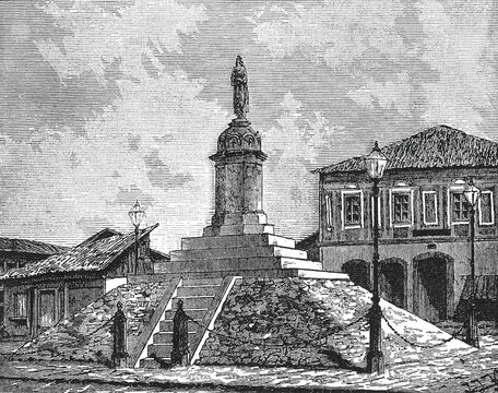 Monument to the Heroes of Plevna in Pleven, stepped base with chain-linked pillars, old vintage illustration, 1898.