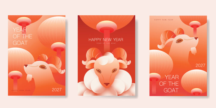 Happy Chinese new year 2027 poster vector set. Year of the Goat zodiac template with horse and Chinese lantern on orange background. Design for card, cover, social media, Happy New Year, ads.