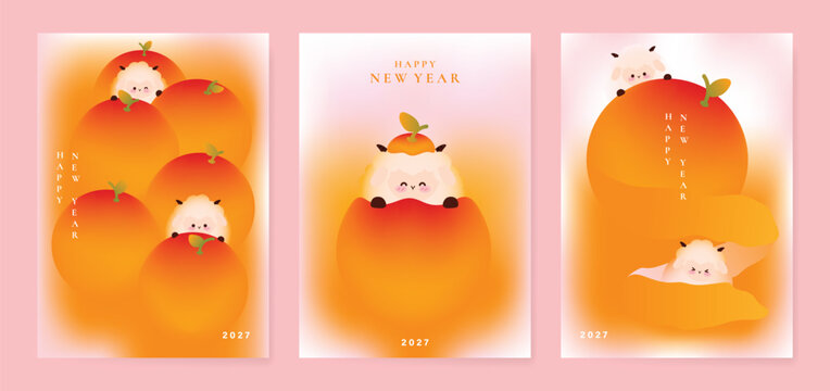 Happy Chinese new year 2027 poster vector set. Year of the Goat zodiac template with horse and Chinese lantern on orange background. Design for card, cover, social media, Happy New Year, ads.