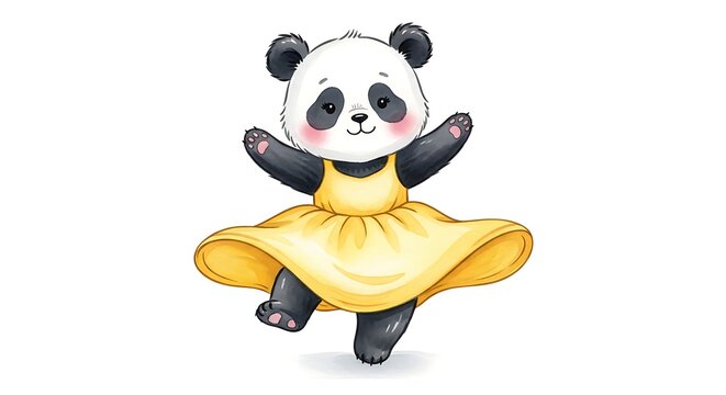 Cute cartoon panda wearing a yellow dress dancing and smiling