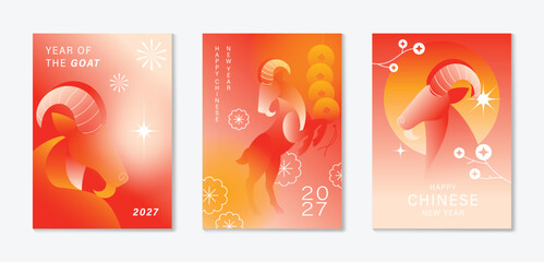 Naklejka premium Happy Chinese new year 2027 poster vector set. Year of the Goat zodiac template with horse and Chinese lantern on orange background. Design for card, cover, social media, Happy New Year, ads.