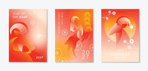 Fototapeten Restaurant Happy Chinese new year 2027 poster vector set. Year of the Goat zodiac template with horse and Chinese lantern on orange background. Design for card, cover, social media, Happy New Year, ads.  © babeer
