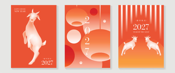 Fototapeta na wymiar Happy Chinese new year 2027 poster vector set. Year of the Goat zodiac template with horse and Chinese lantern on orange background. Design for card, cover, social media, Happy New Year, ads.