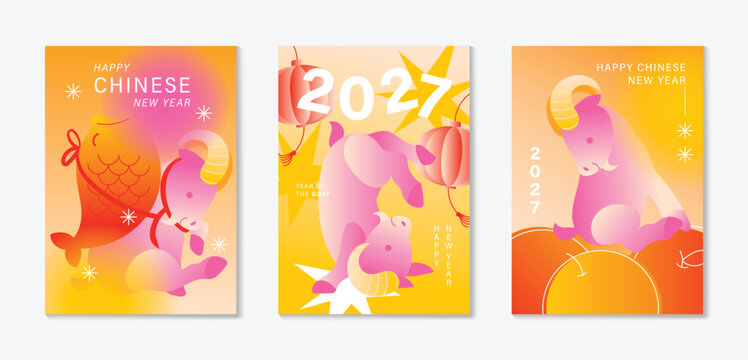 Happy Chinese new year 2027 poster vector set. Year of the Goat zodiac template with horse and Chinese lantern on orange background. Design for card, cover, social media, Happy New Year, ads.