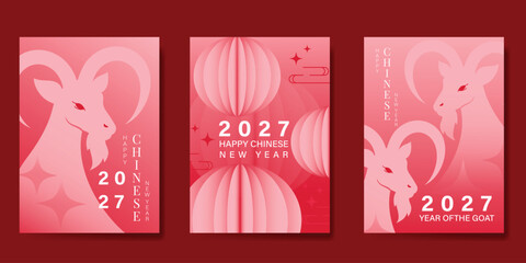 Happy Chinese new year 2027 poster vector set. Year of the Goat zodiac template with horse and Chinese lantern on orange background. Design for card, cover, social media, Happy New Year, ads. © babeer