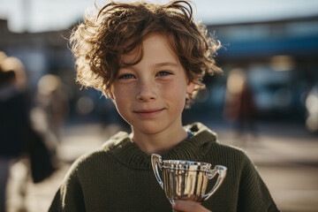 Obraz premium Happy Child Holding Winner Trophy After School Competition Achievement and Success