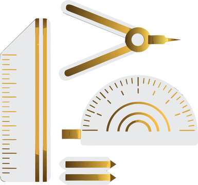 Elegant Gold Geometric Drafting Tools: Ruler, Compass, Protractor, and Set Squares vector illustration