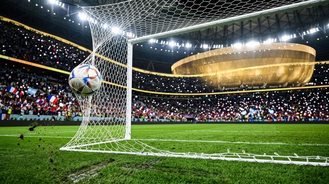 Soccer ball in goal net during a night stadium match with cheering crowd