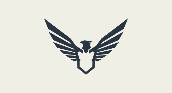 Stylized eagle or phoenix with wide-spread wings forming a shield shape, abstract geometric bird symbol, logo concept vector graphic design