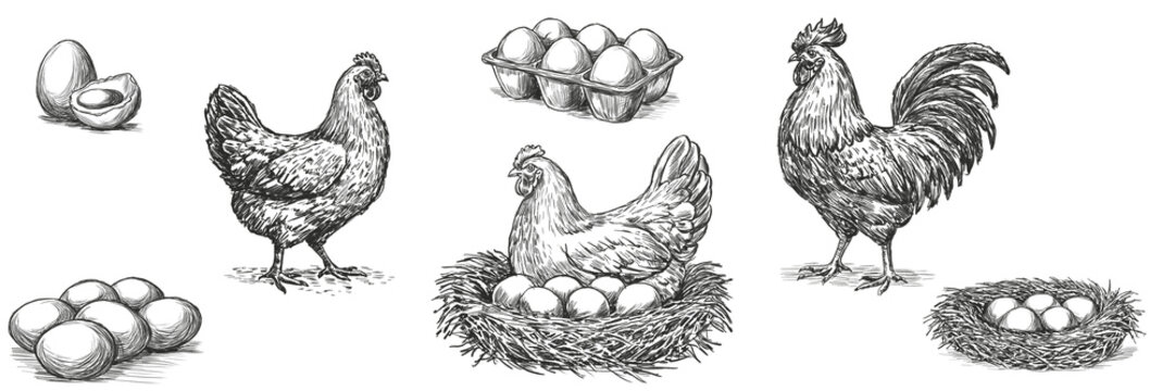 Vintage hand drawn PNG collection of chicken, rooster, nest with eggs, egg carton and farm fresh eggs. Engraving style poultry illustrations isolated on white background for packaging, labels, menu