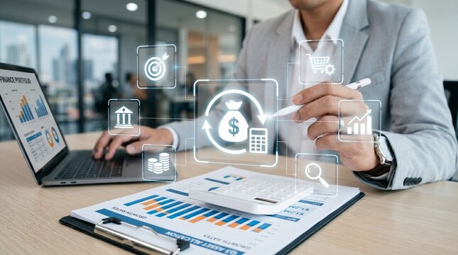 Accountant calculating corporate budget allocation and cash flow on virtual chart for financial auditing and investment planning application use.