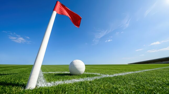 Soccer ball resting on a green field near a corner flag under a clear blue sky