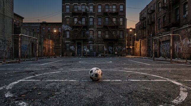 Urban Playground With Soccer Ball At Dusk