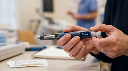 Fototapeta premium Close-up of person holding modern digital insulin pen set to twelve units for daily diabetes treatment in clinical setting with cotton swab on table foreground
