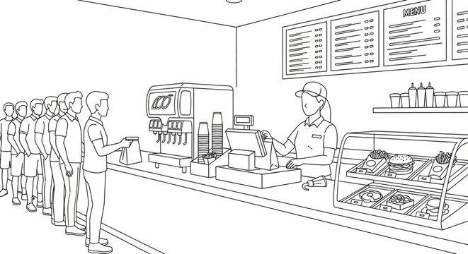 Diverse group of people queuing in line at a fast-food restaurant counter, receiving orders from a server, monochrome illustration.