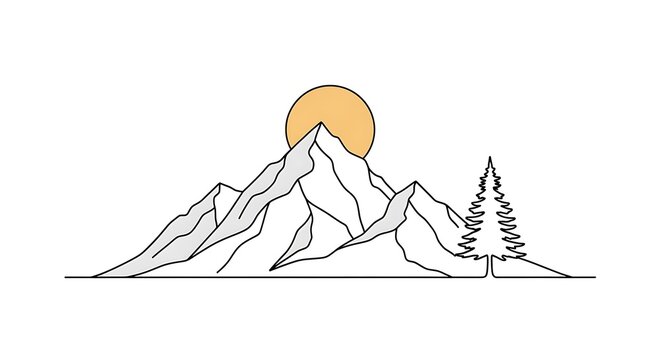 Minimalist line art illustration of mountain peaks with a yellow sun and a single pine tree