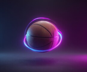 Obraz premium Basketball Orbited by Neon Ring: A basketball appears suspended in mid-air, encircled by a vibrant, glowing neon ring that transitions from electric blue to magenta.