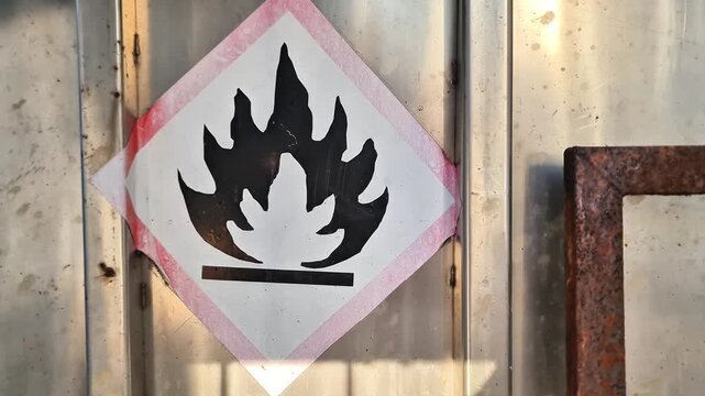 Sidoarjo, Indonesia - 16 June, 2026: GHS Flammable Hazard Pictogram Warning Label on Industrial Metal Container in Sunlight