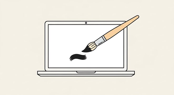 Flat line art illustration of a laptop computer with a paintbrush creating a digital stroke on screen