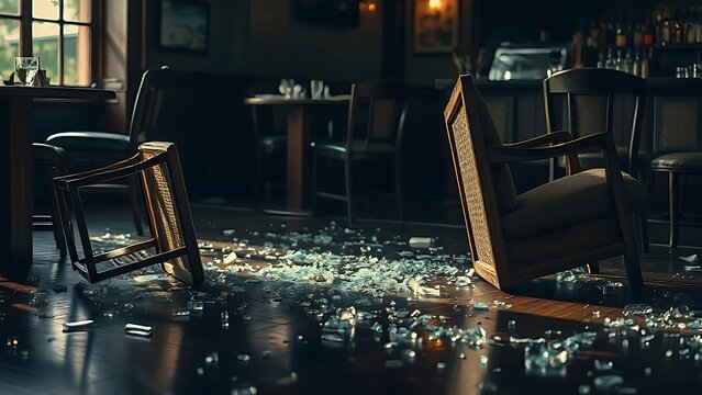 Overturned chairs and tables with shattered glass covering the bar floor.