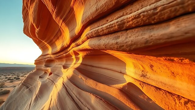 Wind-carved grooves in sandstone rock formation, desert, golden hour light.