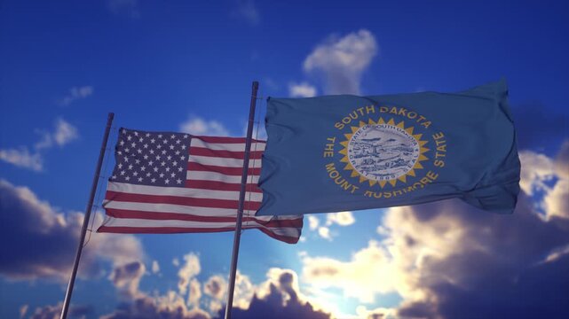 Waving United States And South Dakota Flags Against Dramatic Sky