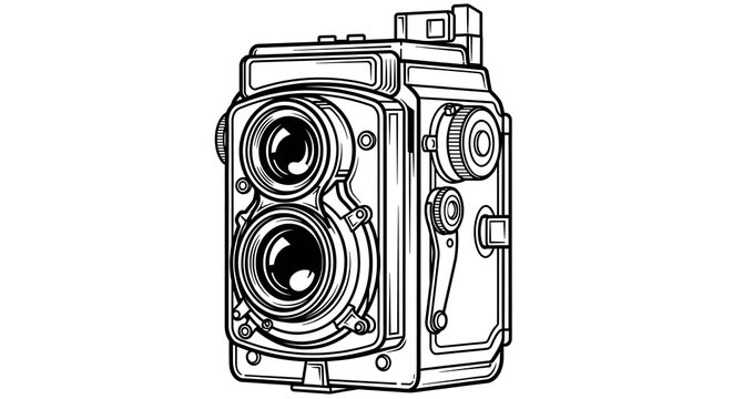 Vintage twin lens reflex camera line art illustration isolated on white background
