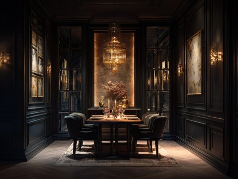 Luxurious formal dining room with moody dark walls and chandelier