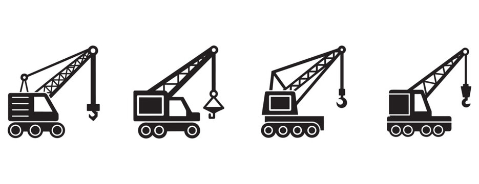 Construction crane icons set featuring various types of cranes including mobile truck mounted and crawler cranes isolated on transparent background