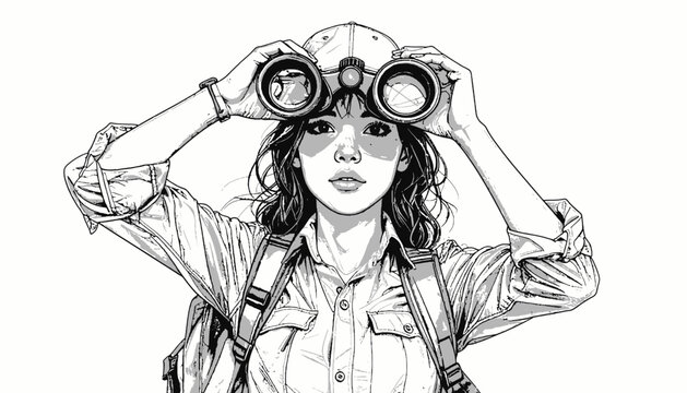 Woman Looking Through Binoculars Curiously.