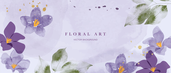 Obraz premium Purple floral background vector. Soft watercolor flowers and green leaves on light lavender with gold splatter accents for wedding invitation, beauty banner and elegant cover.
