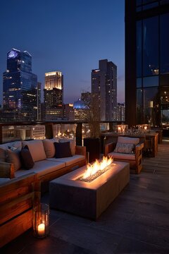 Modern rooftop lounge with fire pit overlooking city skyline at night