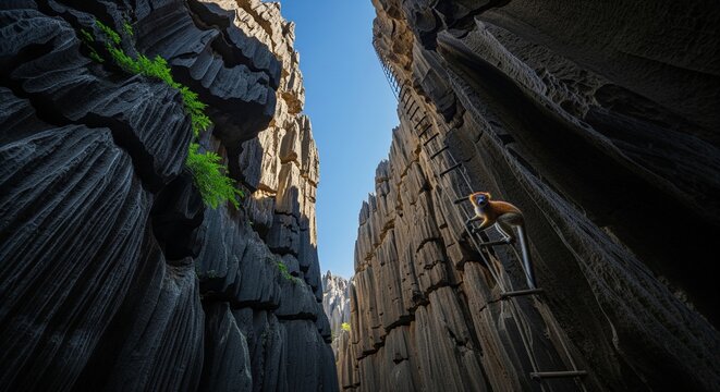 Looking up from inside a narrow dark stone canyon with a lemur climbing up a tall rope ladder against rocky walls under a clear blue sky.
