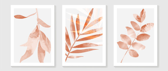 Obraz premium Coral botanical wall art vector set. Minimal watercolor leaf poster prints on white with soft terracotta, peach and brick foliage for home decor, gallery wall and modern interior.